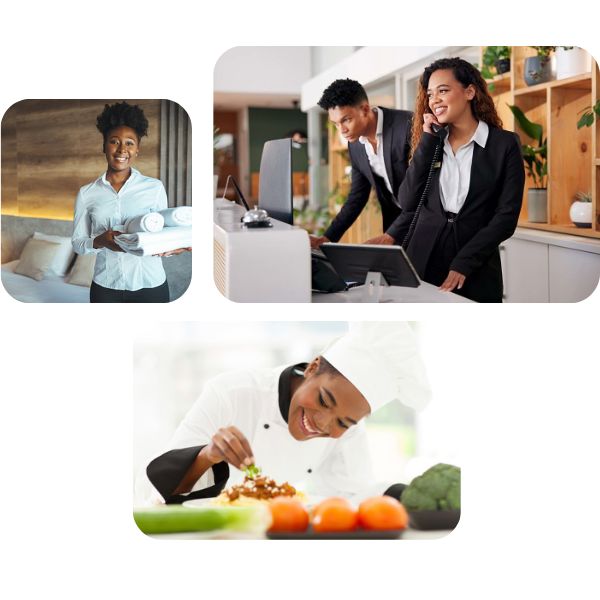 three different settings, one female housekeeper holding a towel one front office women
